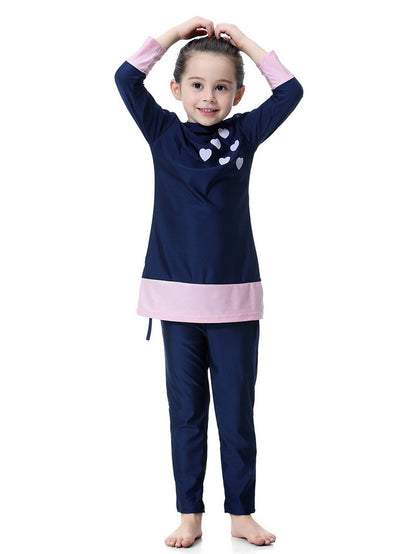 Girls' long-sleeved trousers contrast color heart hooded swimsuit set