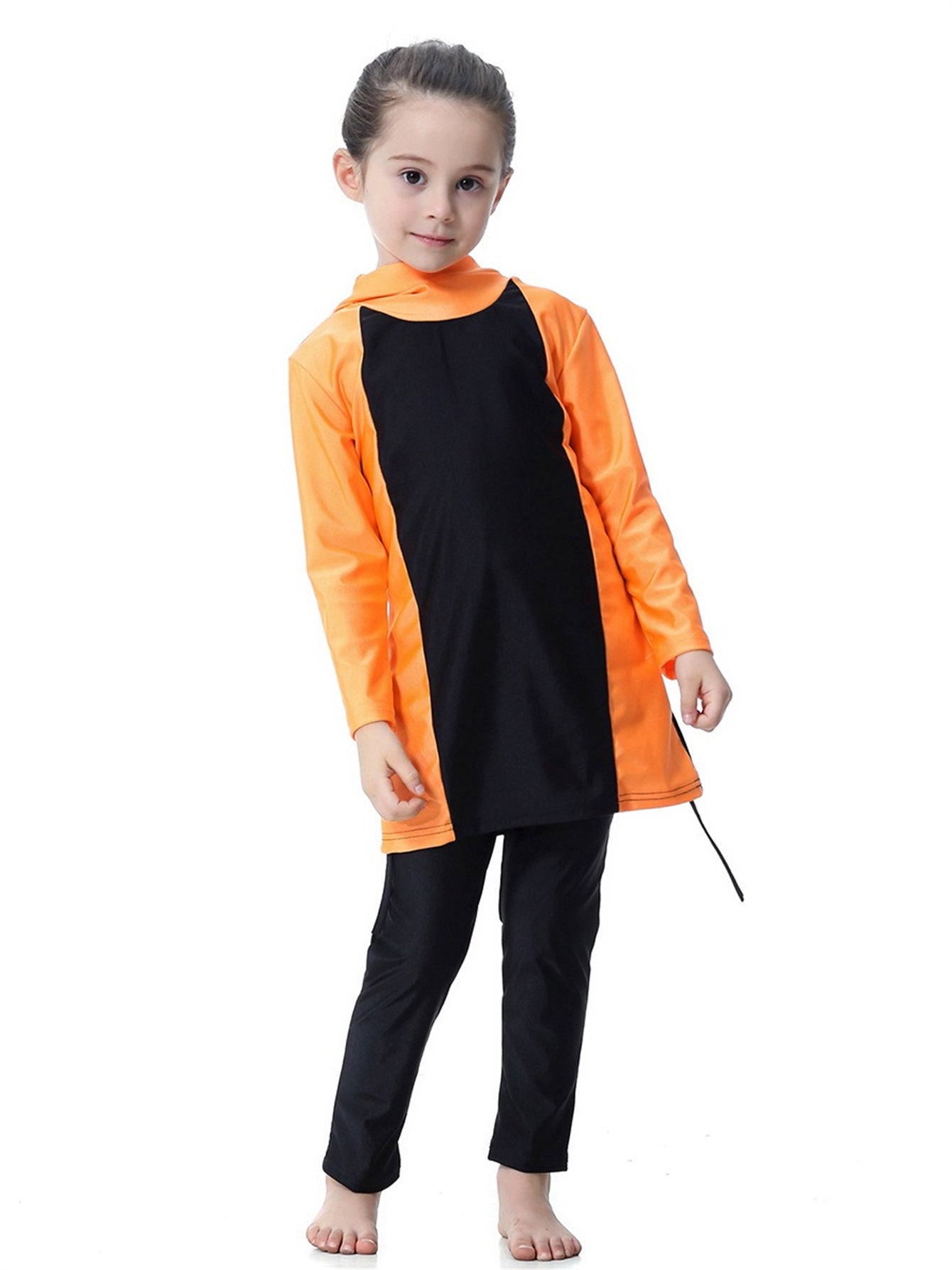 Girls Swimsuit Hooded Contrast Color Long Sleeve Long Pants Sun Protection Swimsuit Set