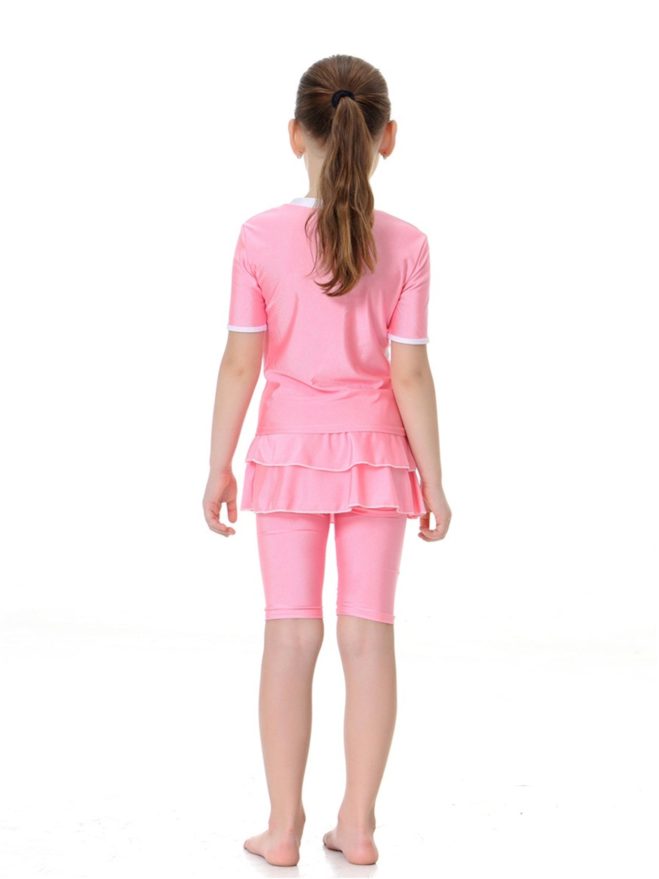 Girls swimsuit conservative split striped round neck short sleeve two-piece swimsuit