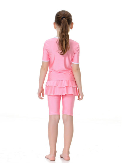 Girls swimsuit conservative split striped round neck short sleeve two-piece swimsuit