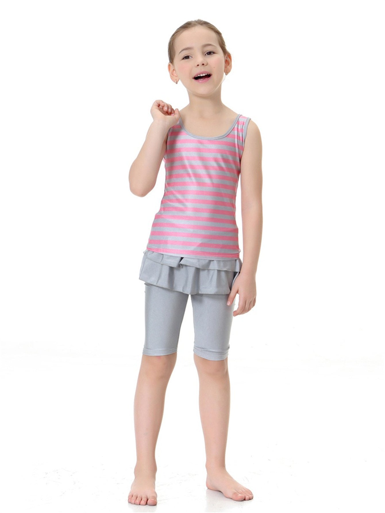 Girls Striped Sleeveless Round Neck Conservative Two-Piece Swimsuit