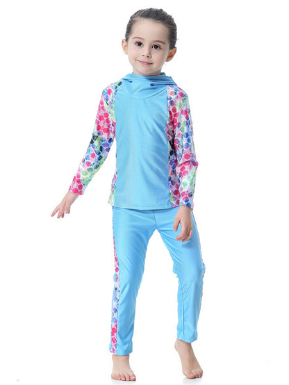 Girls Long Sleeve Splicing Waterproof Hooded Swimsuit Set