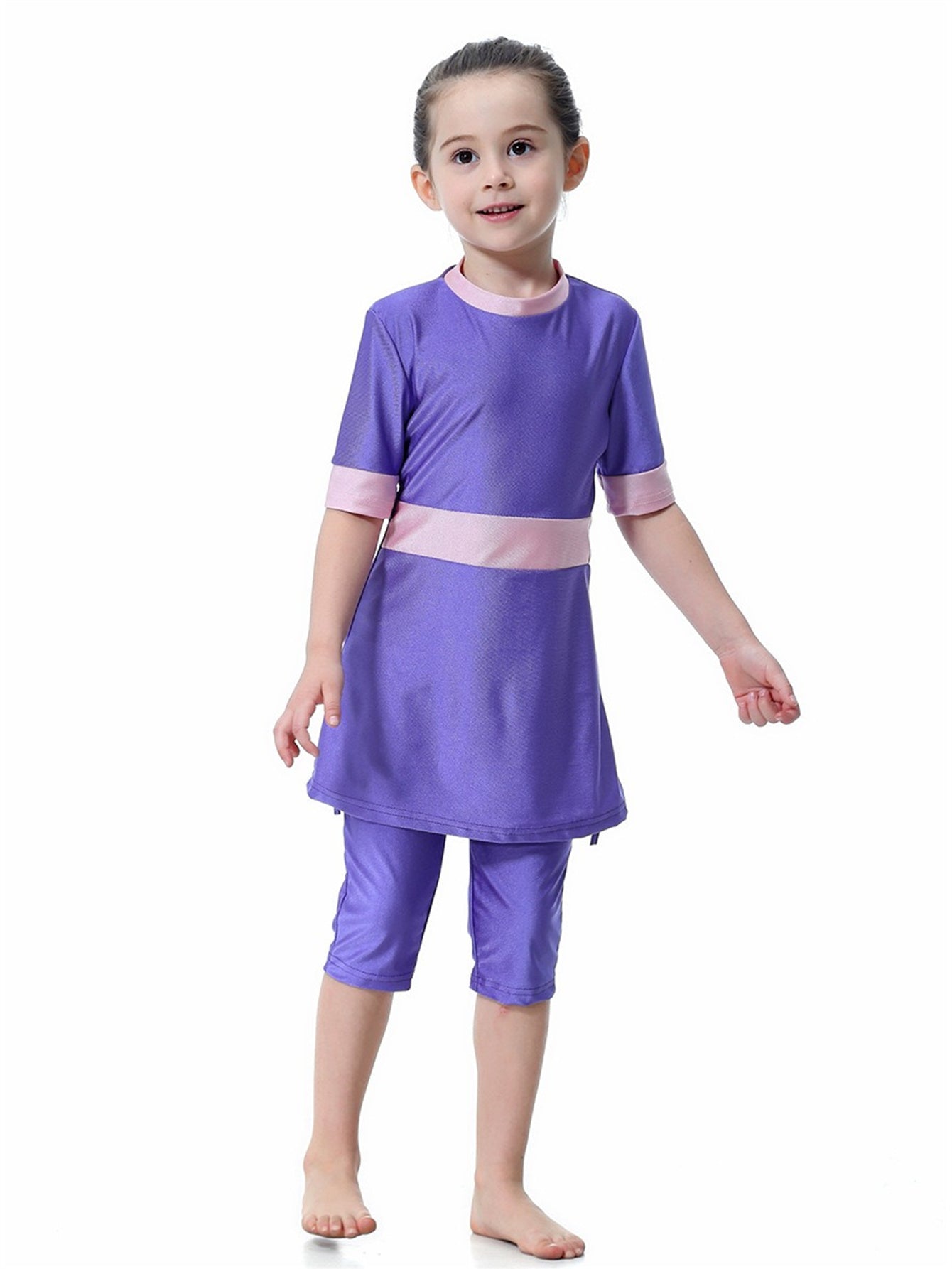 Girls Swimsuit Round Neck Contrast Color Conservative Two-Piece Swimsuit