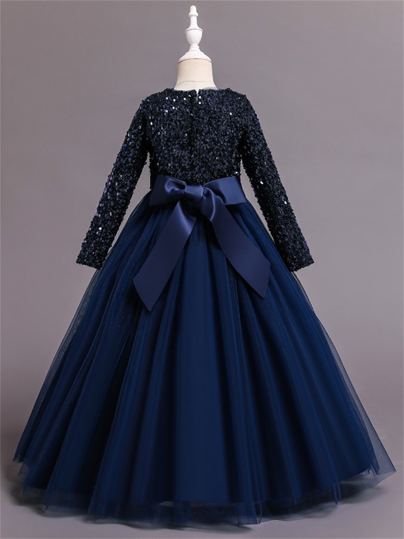 Long dress sequined wedding princess dress small host long sleeve mesh skirt bow dress