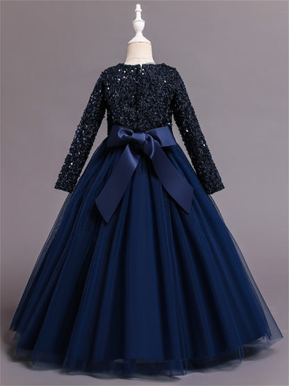 Long dress sequined wedding princess dress small host long sleeve mesh skirt bow dress