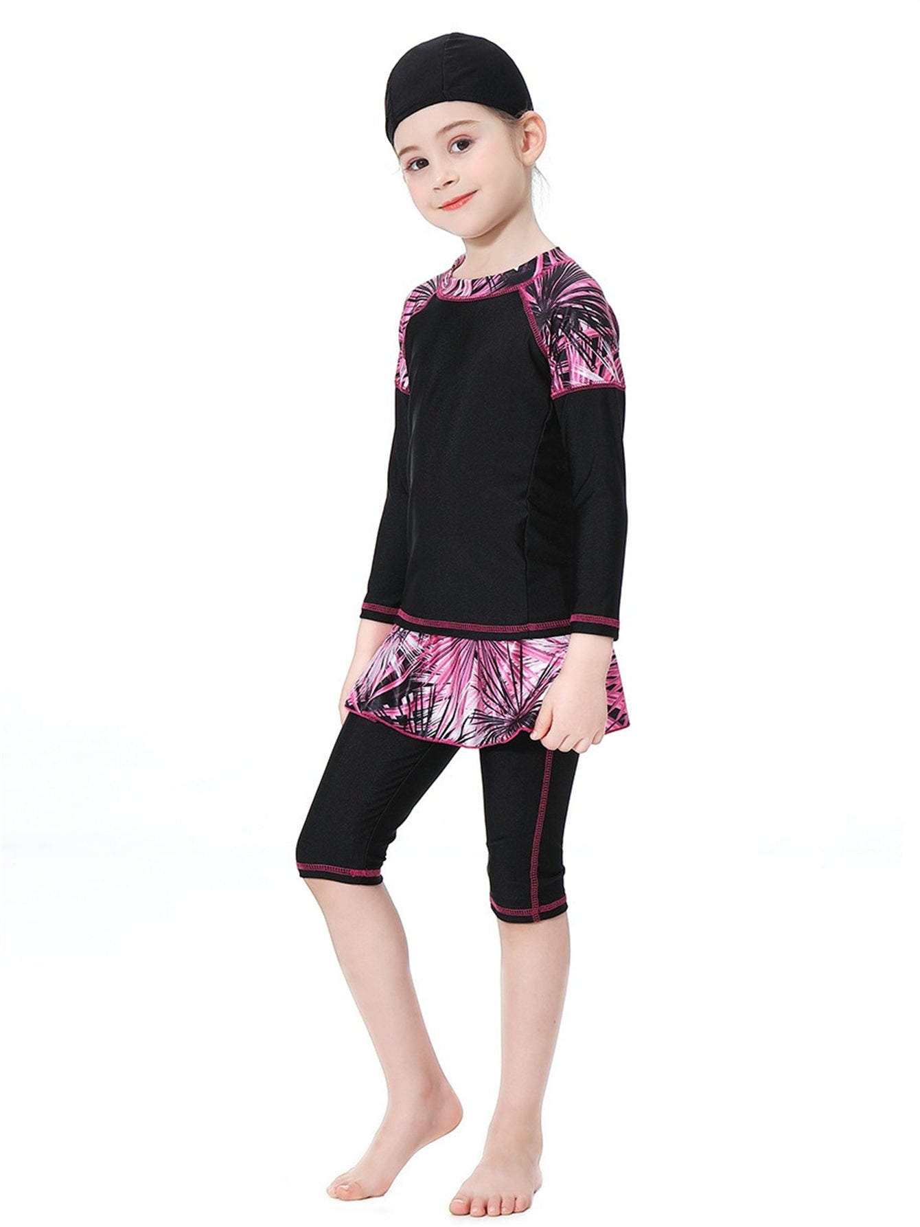 Girls Swimwear Tropical Plant Pattern Conservative Three-Piece Swimsuit