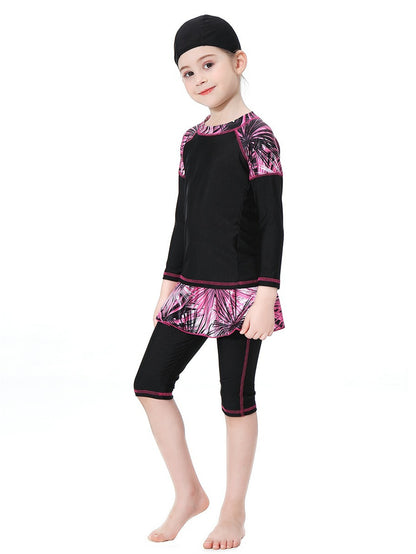 Girls Swimwear Tropical Plant Pattern Conservative Three-Piece Swimsuit