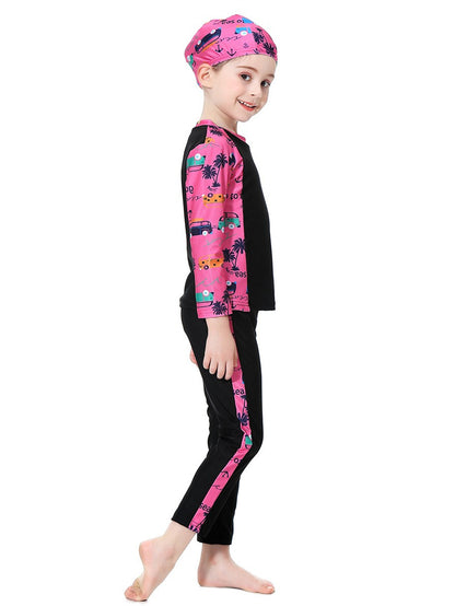 Girls swimsuit with seaside pattern, long sleeves and long pants, conservative sun protection swimsuit