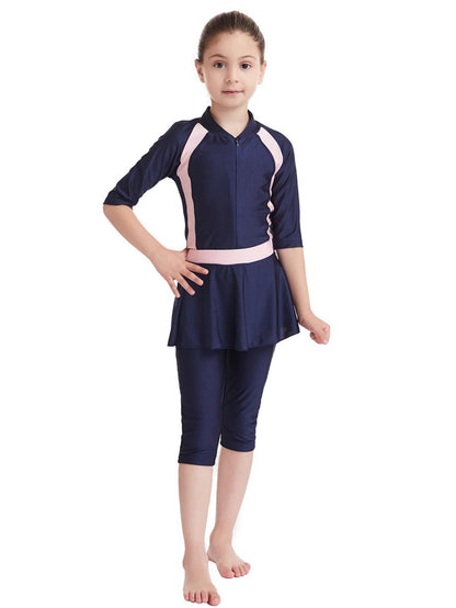Girls conservative swimsuit top + shorts + hat pink, black, navy blue three-piece set