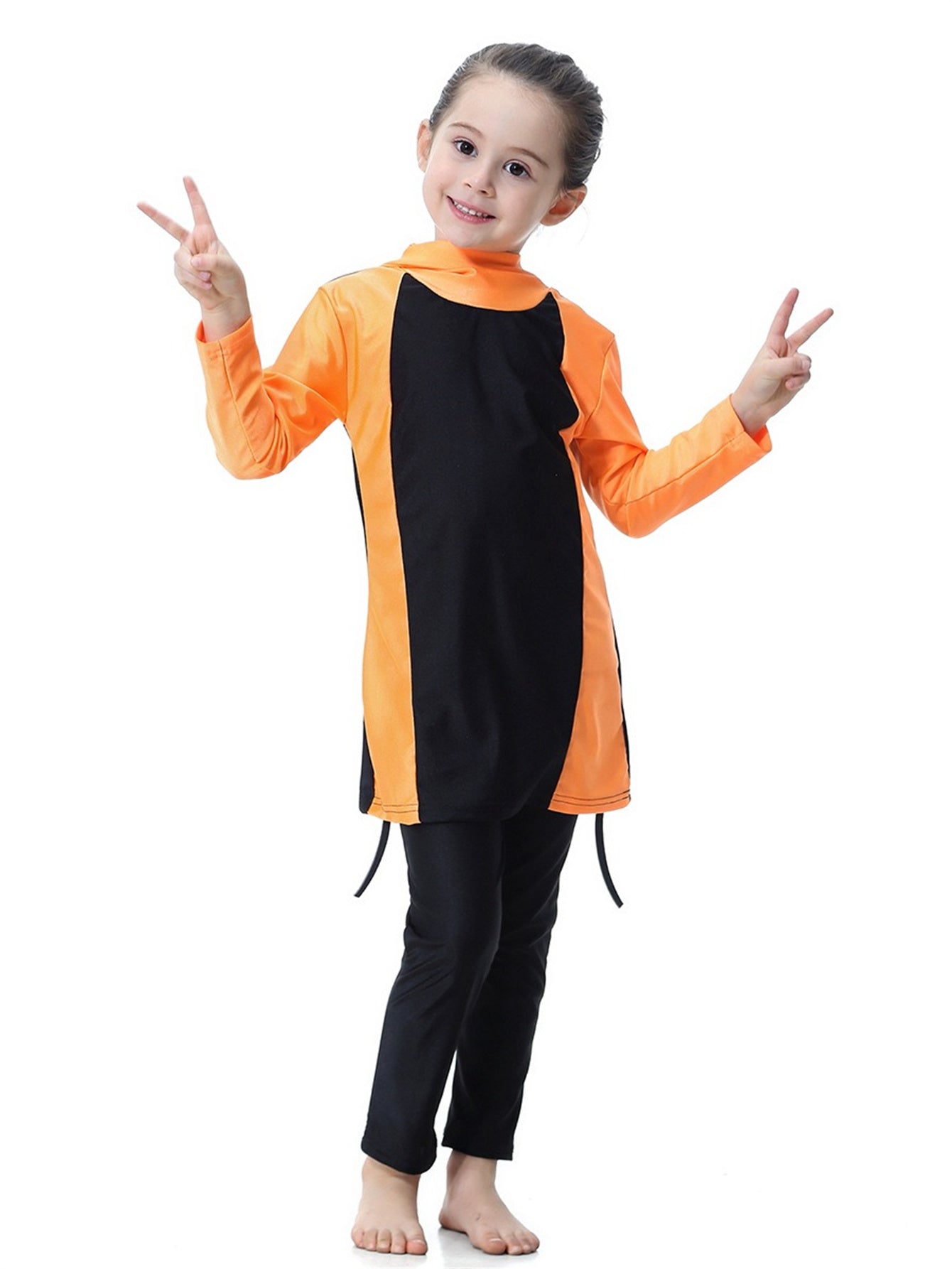 Girls Swimsuit Hooded Contrast Color Long Sleeve Long Pants Sun Protection Swimsuit Set