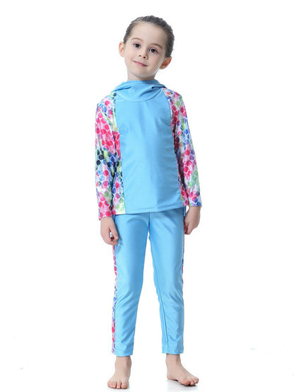 Girls Long Sleeve Splicing Waterproof Hooded Swimsuit Set
