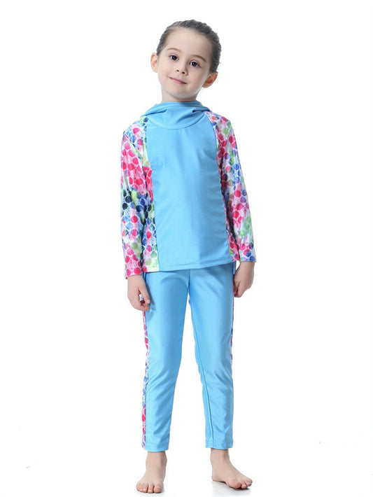 Girls Long Sleeve Splicing Waterproof Hooded Swimsuit Set