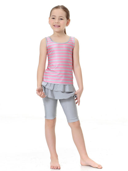 Girls Striped Sleeveless Round Neck Conservative Two-Piece Swimsuit