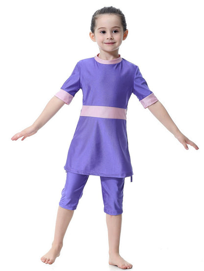 Girls Swimsuit Round Neck Contrast Color Conservative Two-Piece Swimsuit