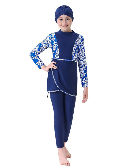 Girls conservative swimsuit bukini children's beach swimsuit long sleeve random print design top + trousers two-piece set
