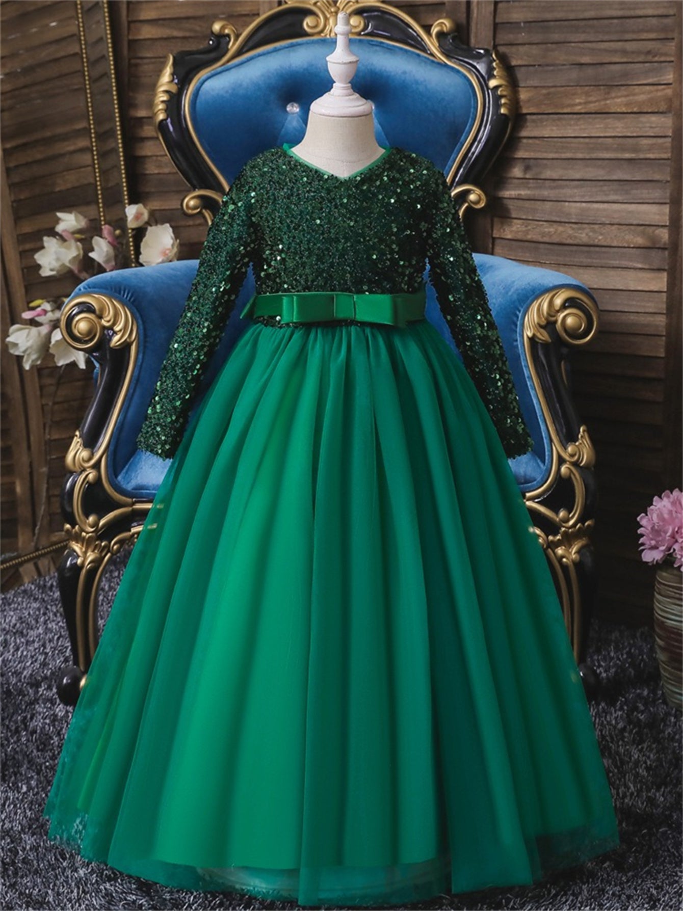Long dress sequined wedding princess dress small host long sleeve mesh skirt bow dress