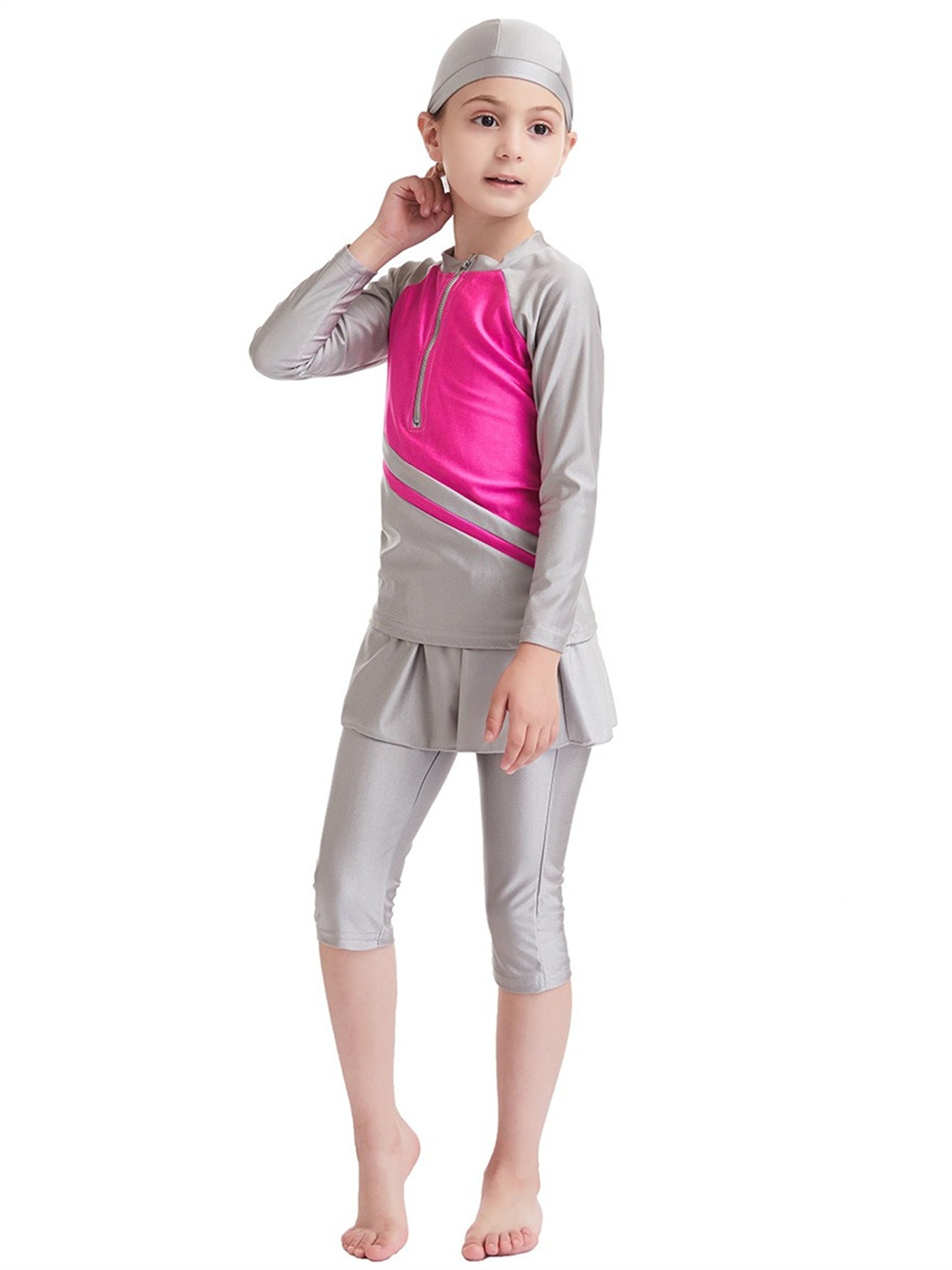 Girls Traditional Conservative Splicing Long Sleeve Swimsuit Set