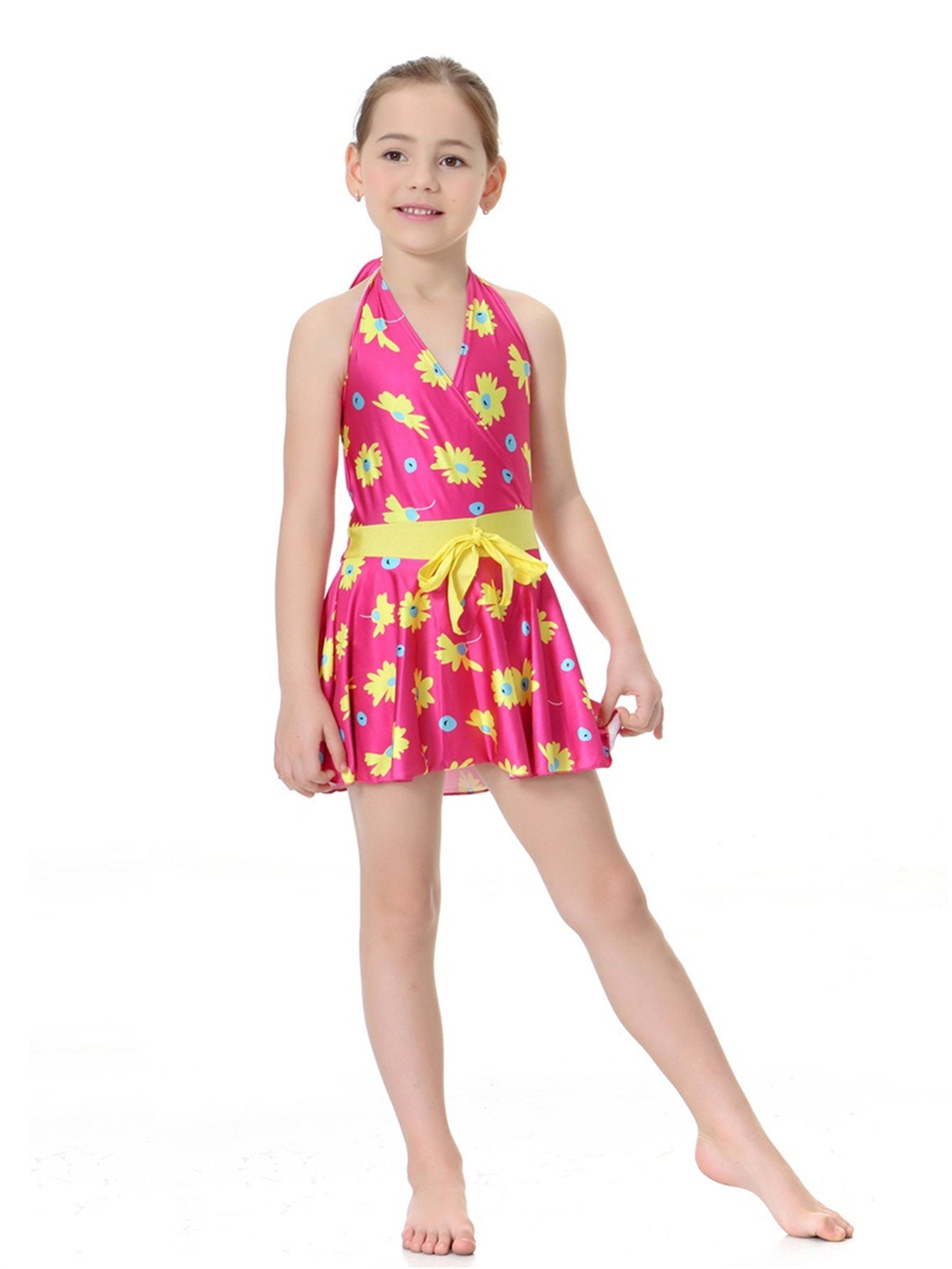 Girls Halter Neck Waist Floral Pattern Conservative Traditional One-Piece Swim Dress