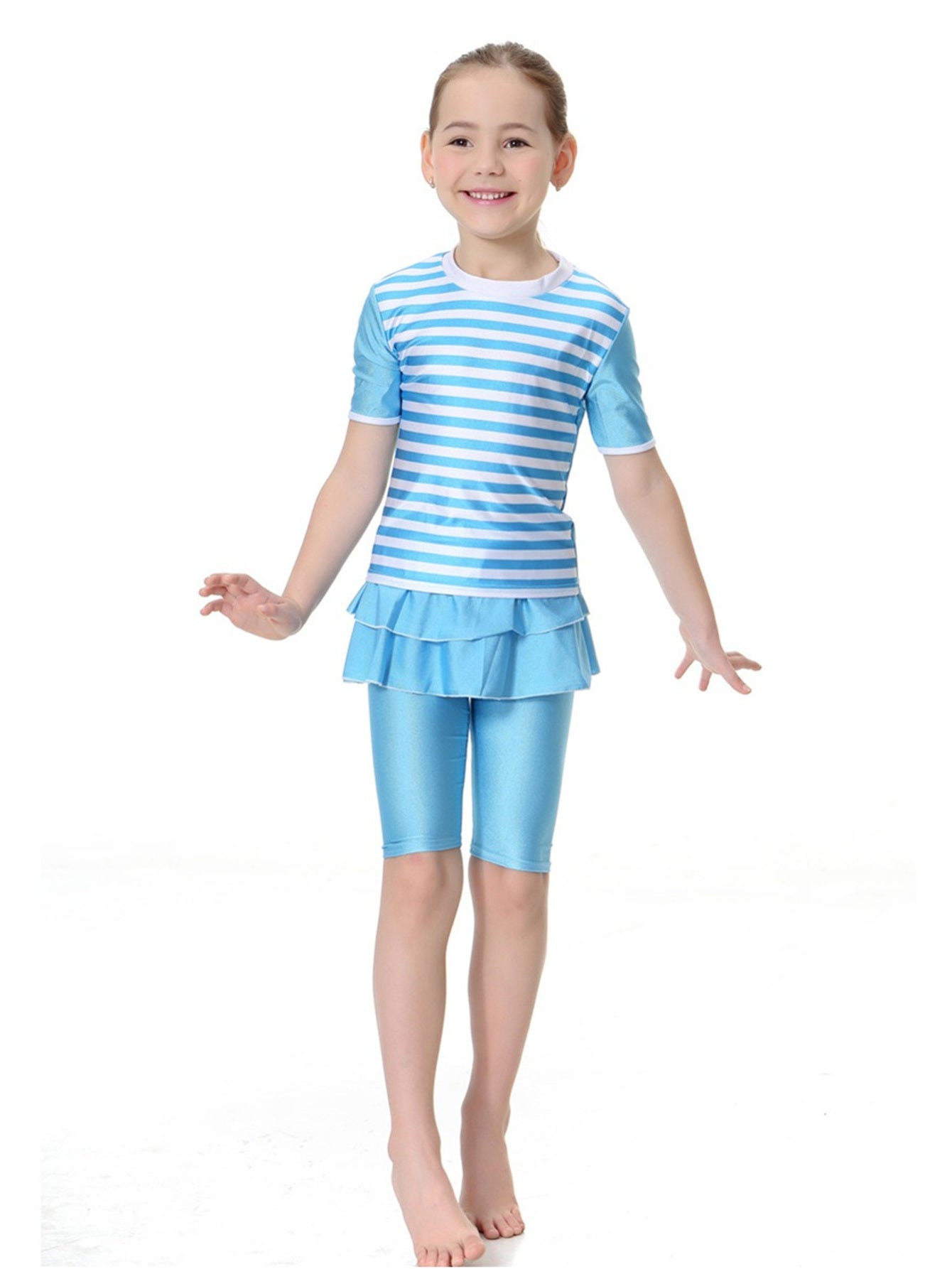 Girls swimsuit conservative split striped round neck short sleeve two-piece swimsuit