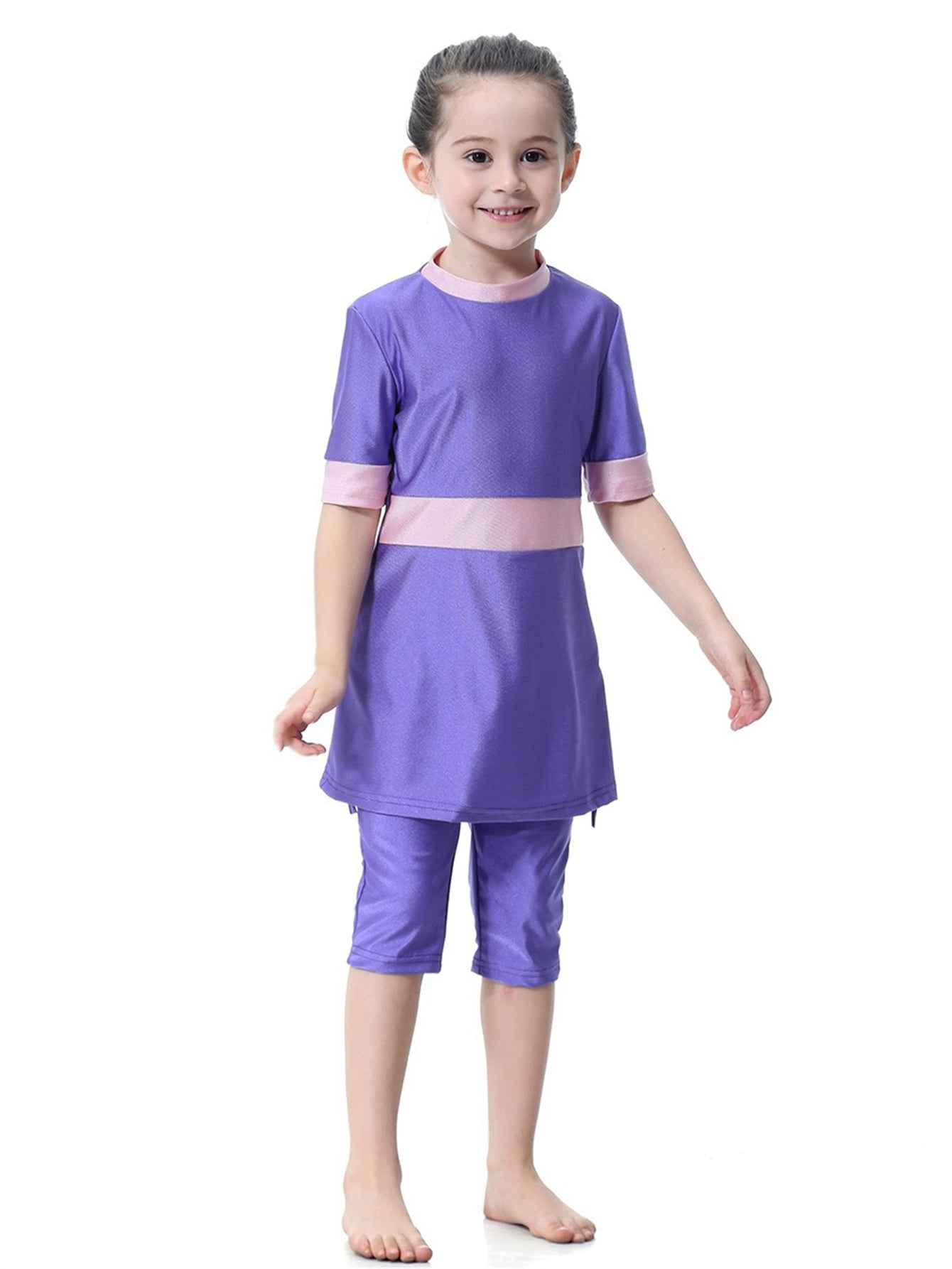 Girls Swimsuit Round Neck Contrast Color Conservative Two-Piece Swimsuit
