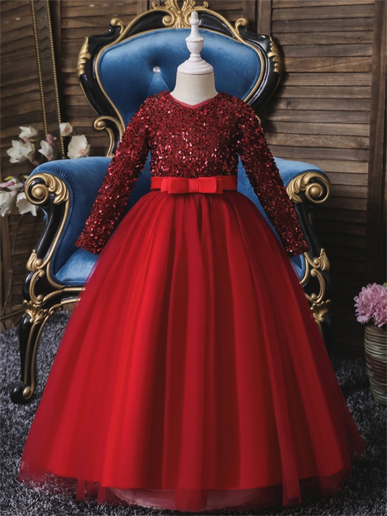 Long dress sequined wedding princess dress small host long sleeve mesh skirt bow dress