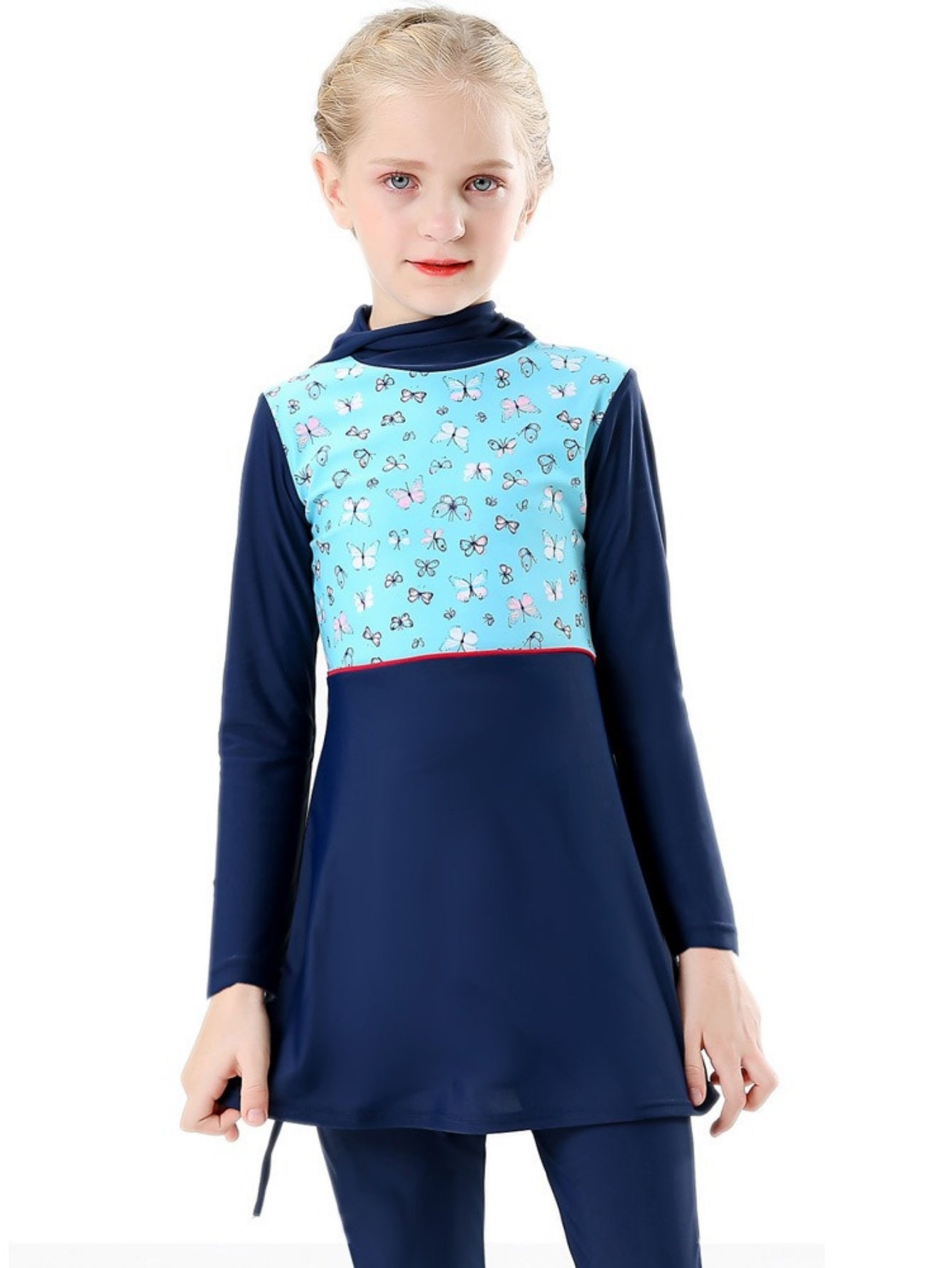 Girls conservative swimsuit bukini children's beach swimsuit blue butterfly pattern, pink pattern, contrast color design hooded top + trousers two-piece set