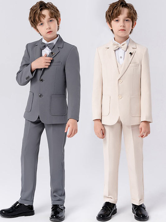 Boys solid color suit (shirt + jacket + vest + pants + bow tie + brooch)