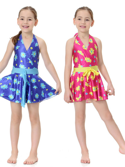 Girls Halter Neck Waist Floral Pattern Conservative Traditional One-Piece Swim Dress