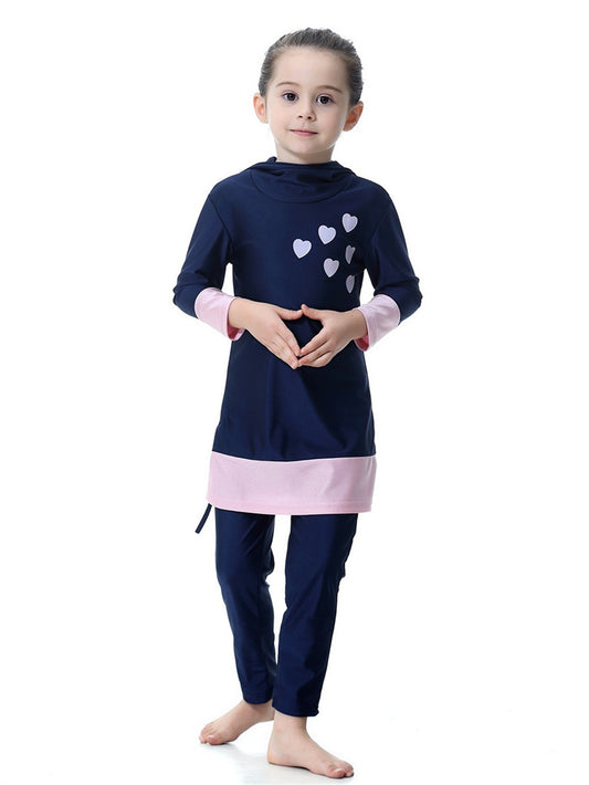 Girls' long-sleeved trousers contrast color heart hooded swimsuit set