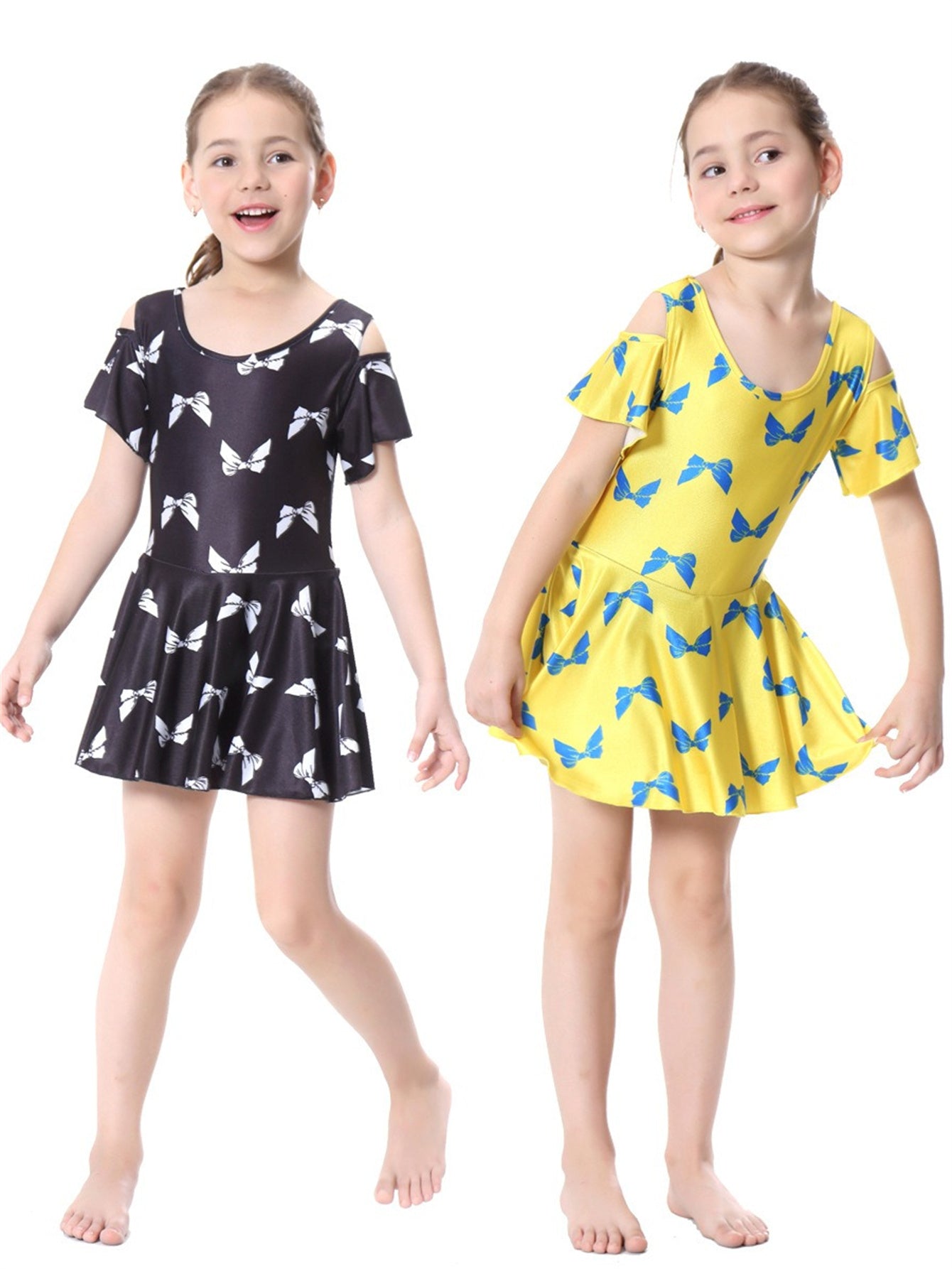 Girls Traditional Conservative Bow Print One-Piece Swimsuit Dress