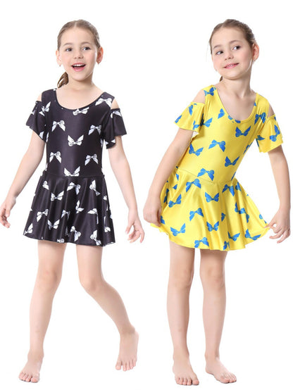 Girls Traditional Conservative Bow Print One-Piece Swimsuit Dress