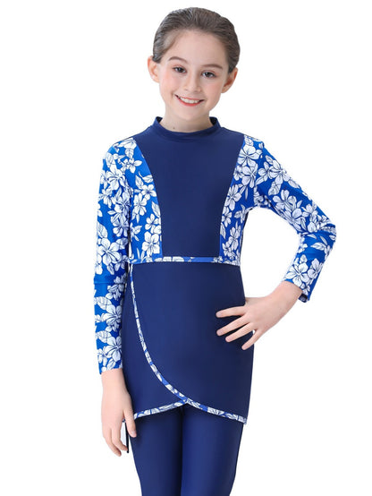 Girls conservative swimsuit bukini children's beach swimsuit long sleeve random print design top + trousers two-piece set