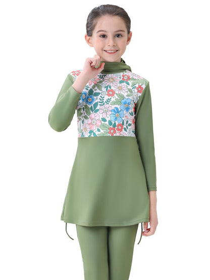 Girls conservative swimsuit bukini children's beach swimsuit hooded top with random prints + pants two-piece