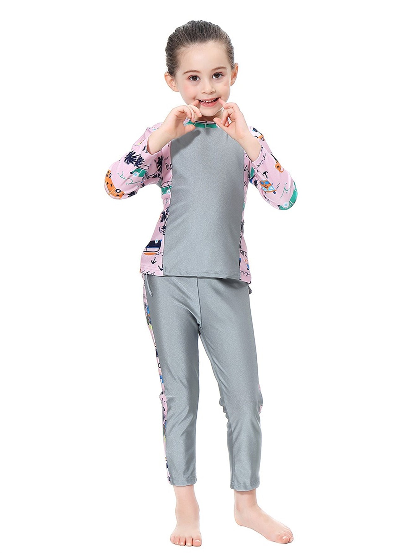 Girls swimsuit with seaside pattern, long sleeves and long pants, conservative sun protection swimsuit