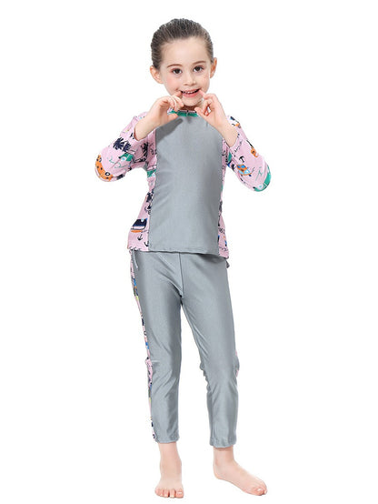 Girls swimsuit with seaside pattern, long sleeves and long pants, conservative sun protection swimsuit