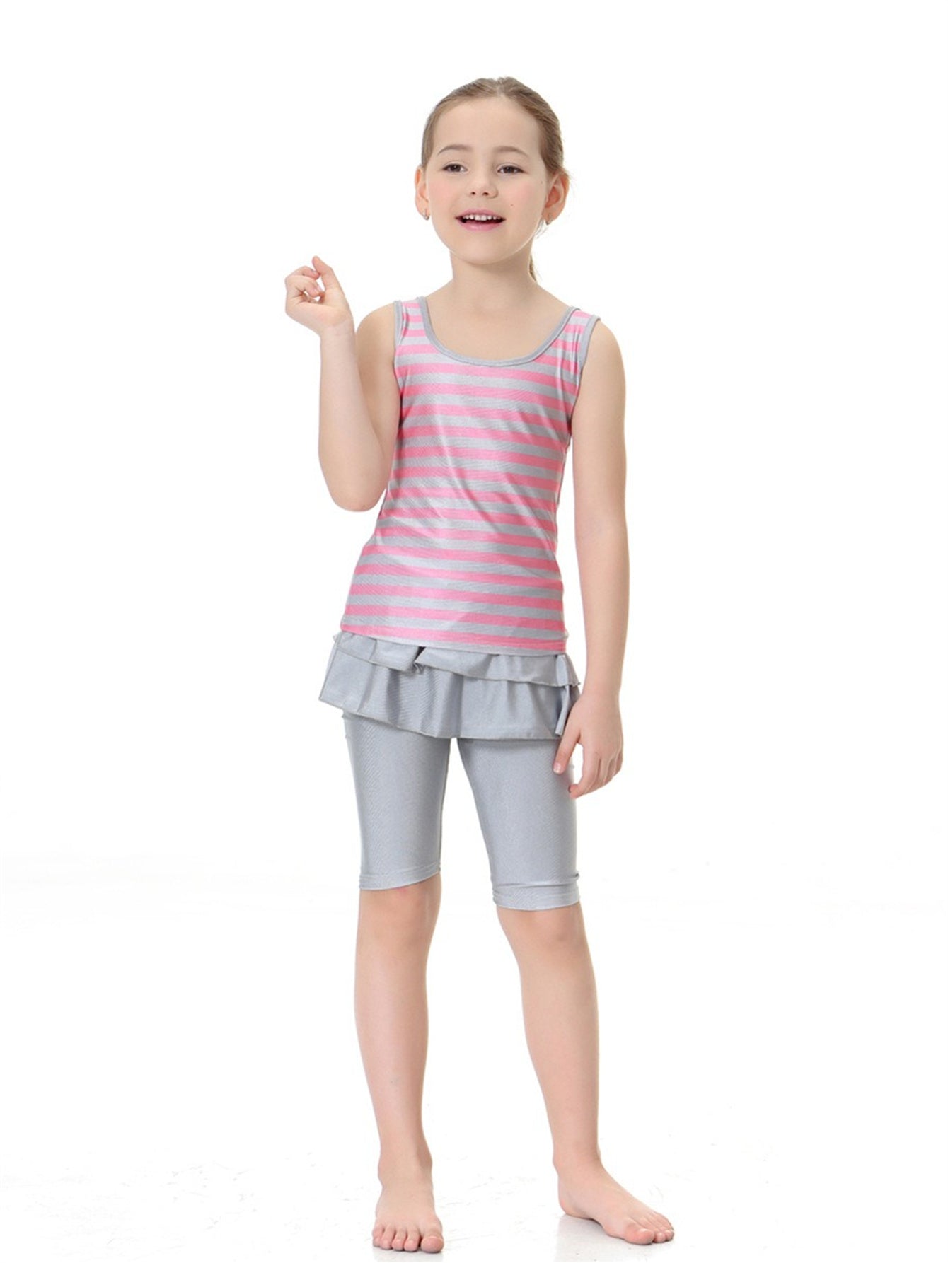 Girls Striped Sleeveless Round Neck Conservative Two-Piece Swimsuit