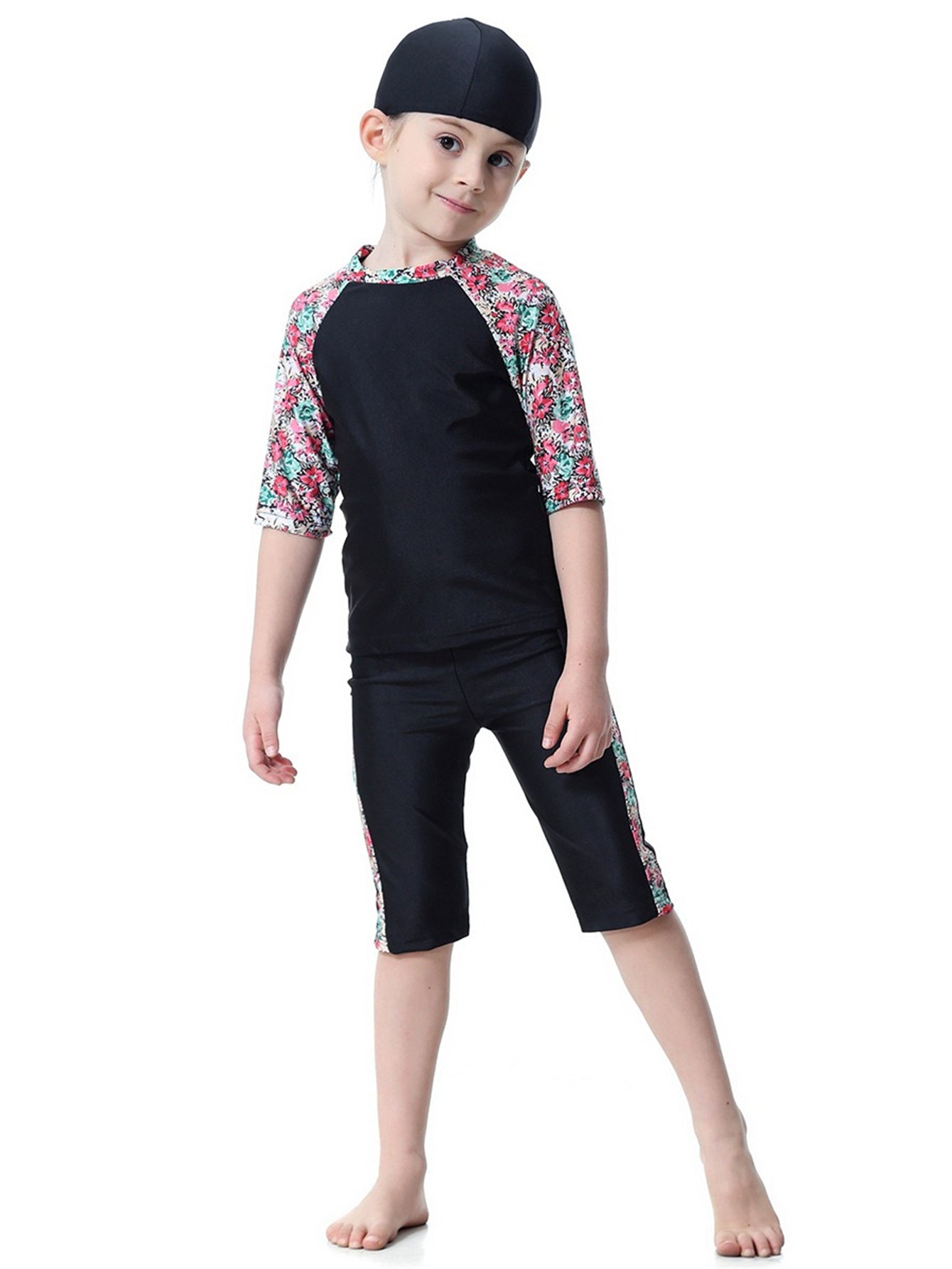 Girls Swimwear 3-piece Swimsuit Flower Pattern Patchwork Design
