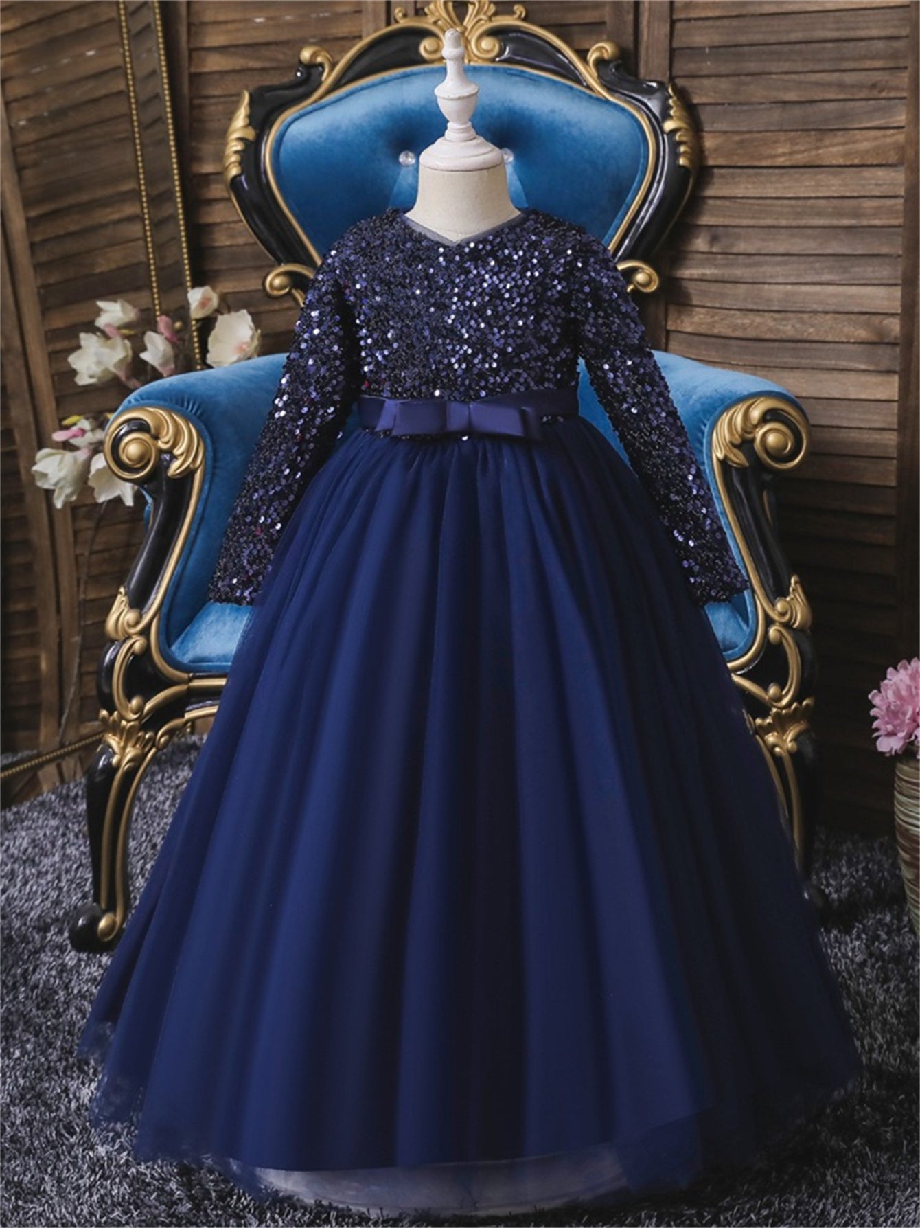 Long dress sequined wedding princess dress small host long sleeve mesh skirt bow dress