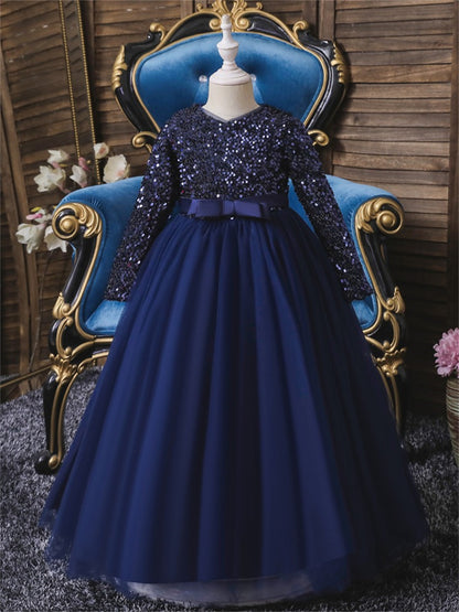 Long dress sequined wedding princess dress small host long sleeve mesh skirt bow dress