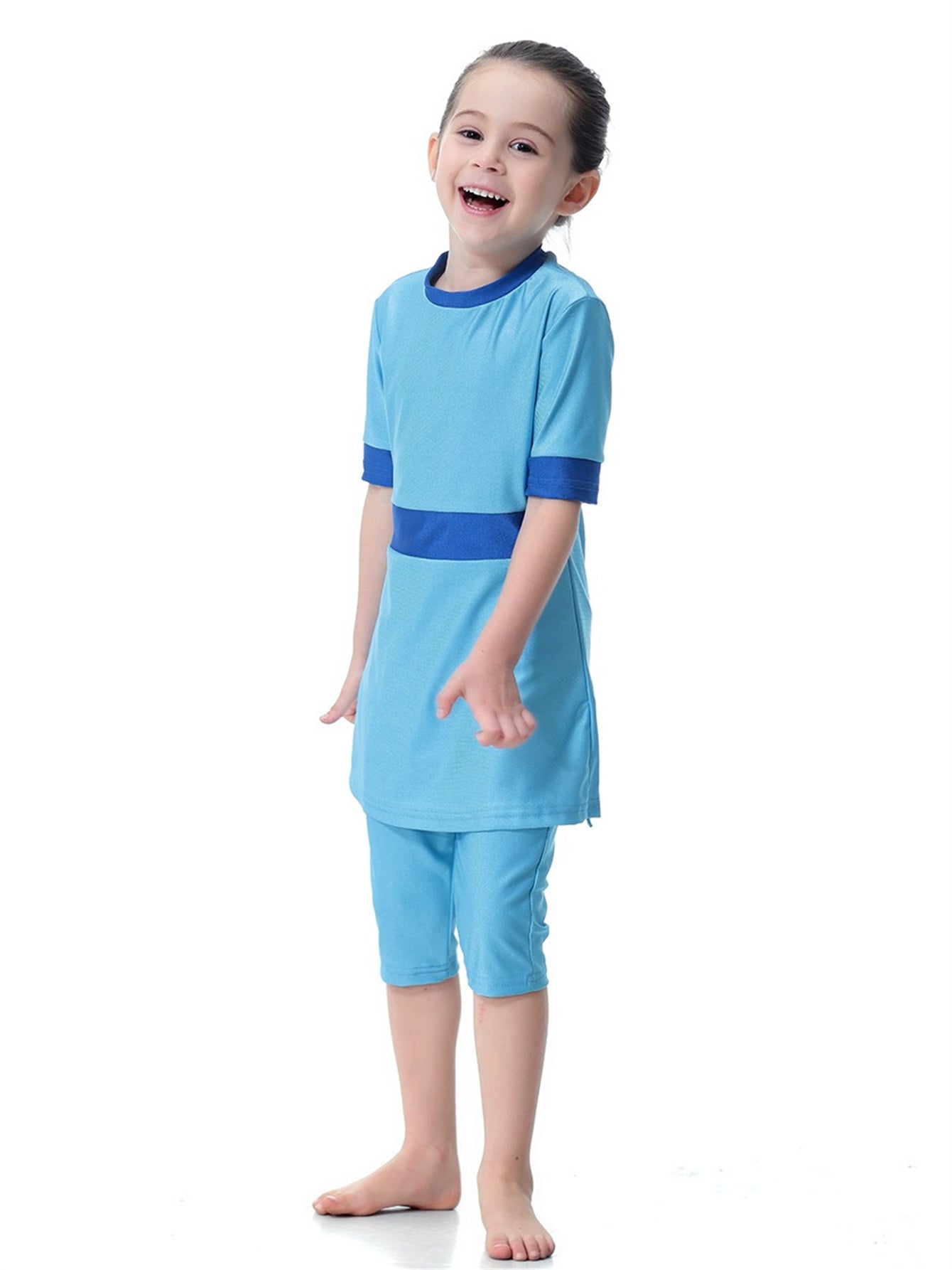 Girls Swimsuit Round Neck Contrast Color Conservative Two-Piece Swimsuit