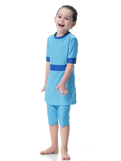 Girls Swimsuit Round Neck Contrast Color Conservative Two-Piece Swimsuit
