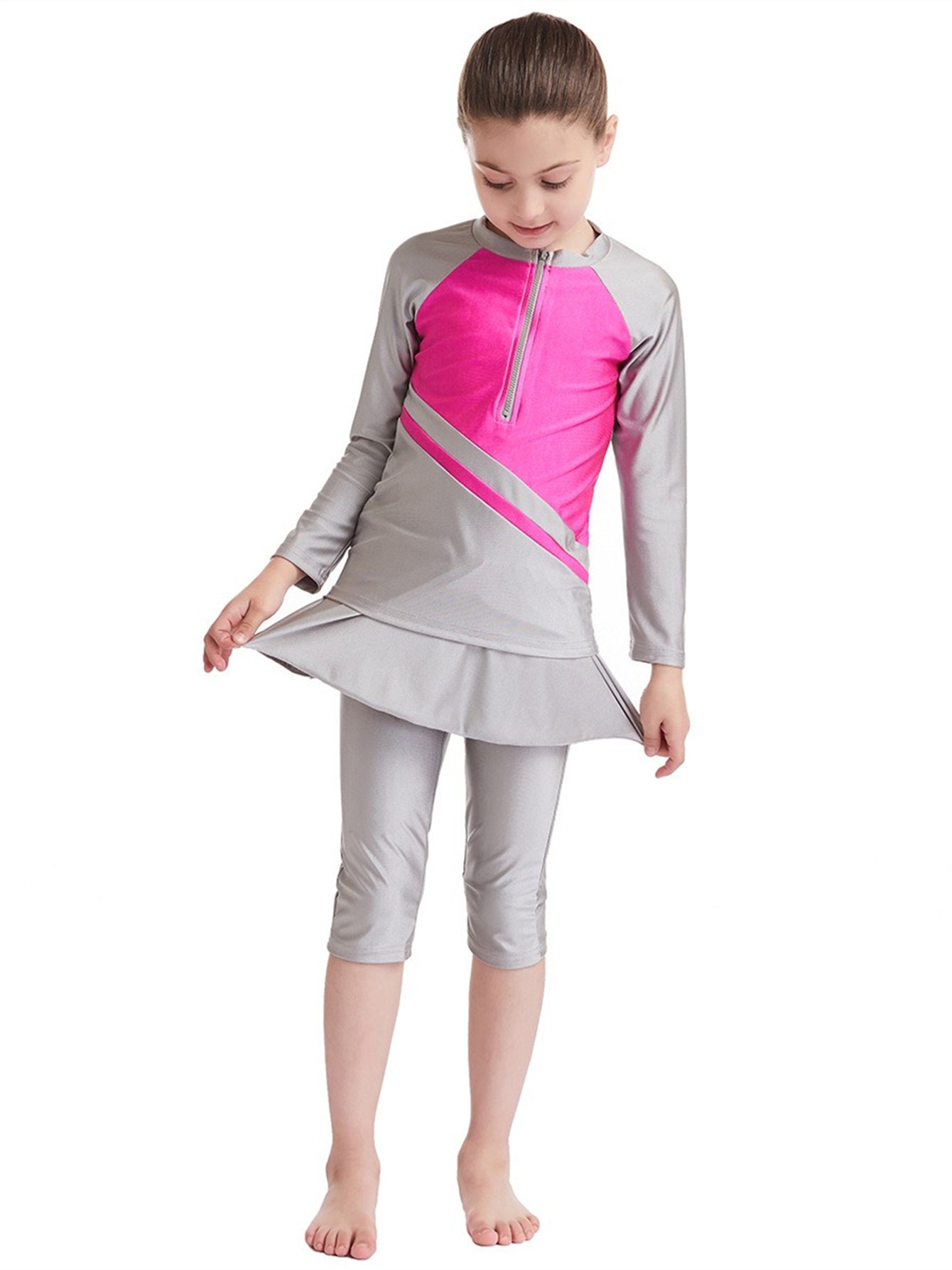 Girls Traditional Conservative Splicing Long Sleeve Swimsuit Set