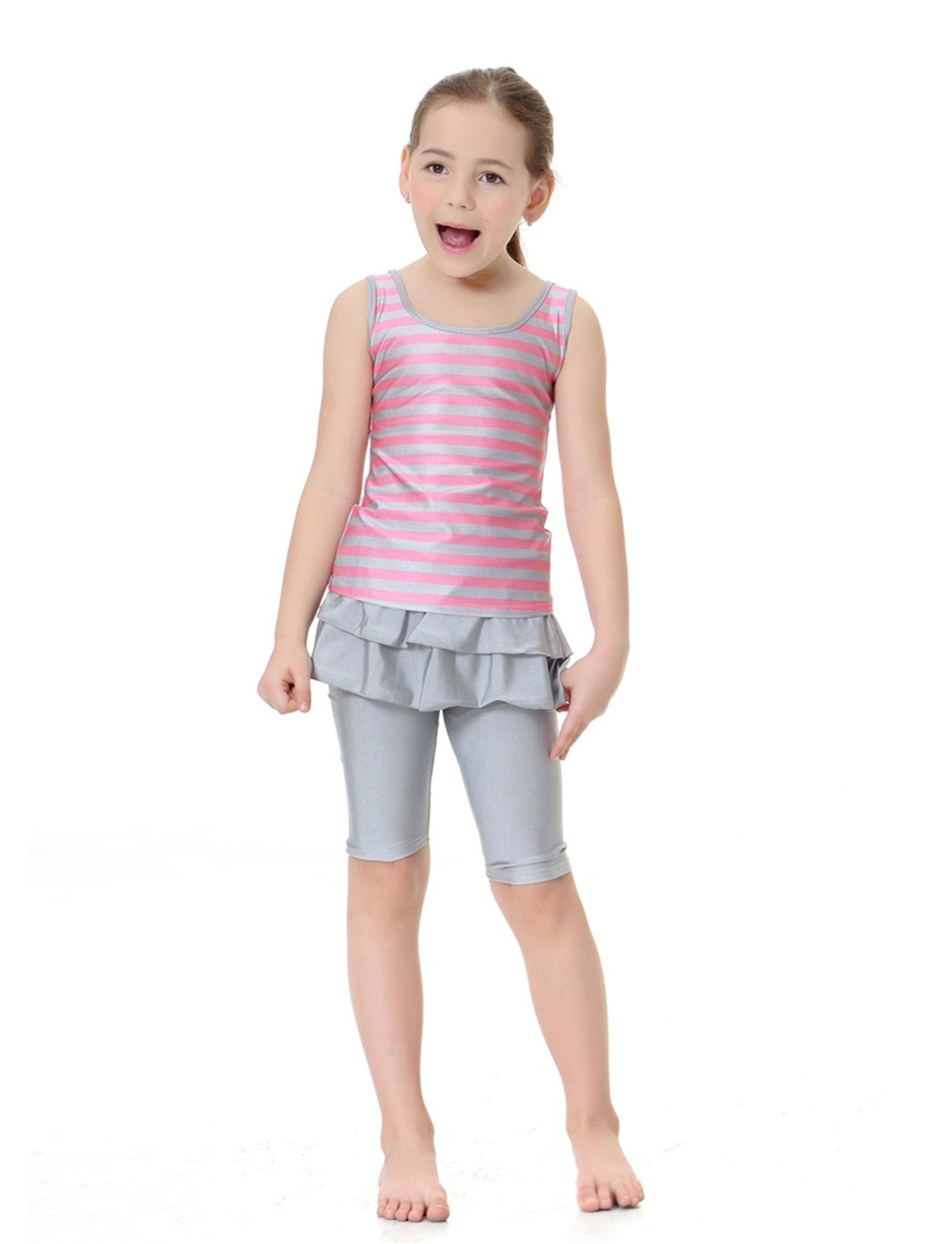 Girls Striped Sleeveless Round Neck Conservative Two-Piece Swimsuit