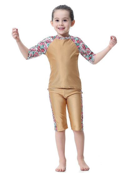 Girls Swimwear 3-piece Swimsuit Flower Pattern Patchwork Design