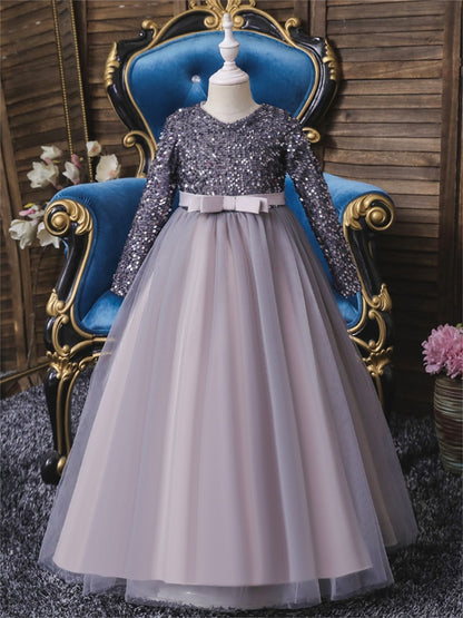 Long dress sequined wedding princess dress small host long sleeve mesh skirt bow dress