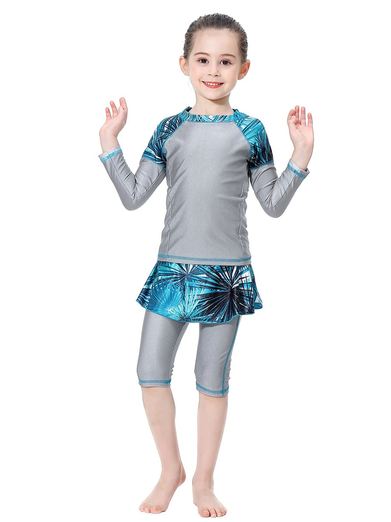 Girls Swimwear Tropical Plant Pattern Conservative Three-Piece Swimsuit