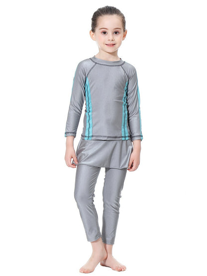 Girls' conservative swimsuit with contrasting colors, long sleeves and long pants, sunscreen two-piece set