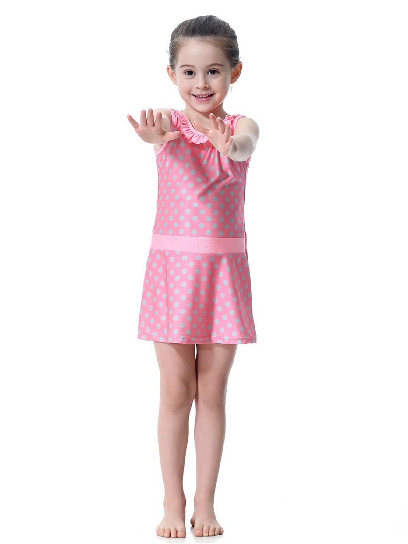 Girls Conservative Lace Polka Dot Multi-Piece Swim Dress