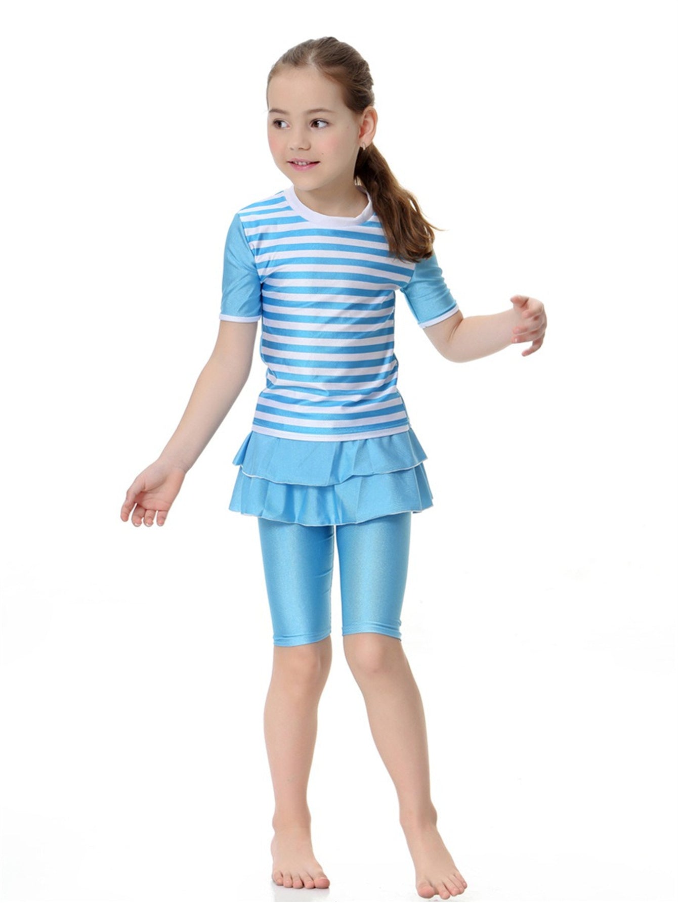 Girls swimsuit conservative split striped round neck short sleeve two-piece swimsuit