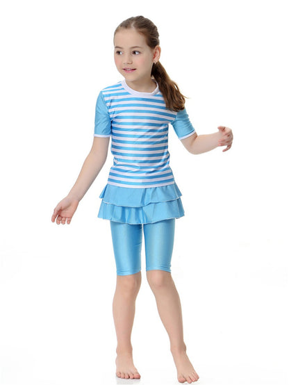 Girls swimsuit conservative split striped round neck short sleeve two-piece swimsuit